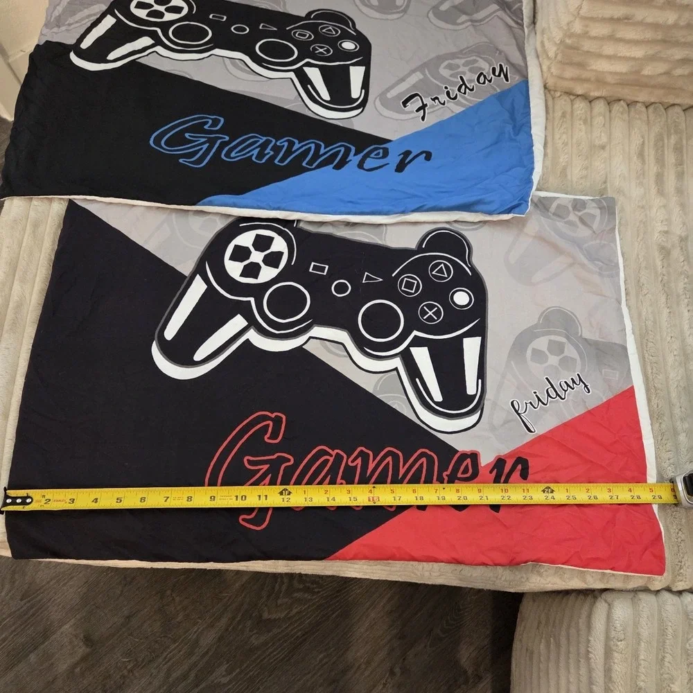 Set Of 2 Gamer Pillow Cases Blue Red Gaming Friday